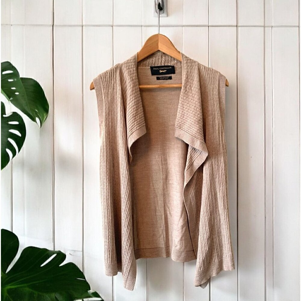 Paul Costelloe Pure Merino Wool Sleeveless Cardigan Cable Knit Beige Size Medium